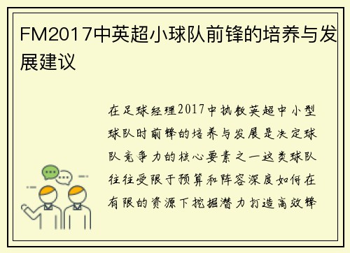 FM2017中英超小球队前锋的培养与发展建议