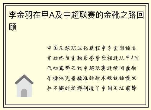 李金羽在甲A及中超联赛的金靴之路回顾